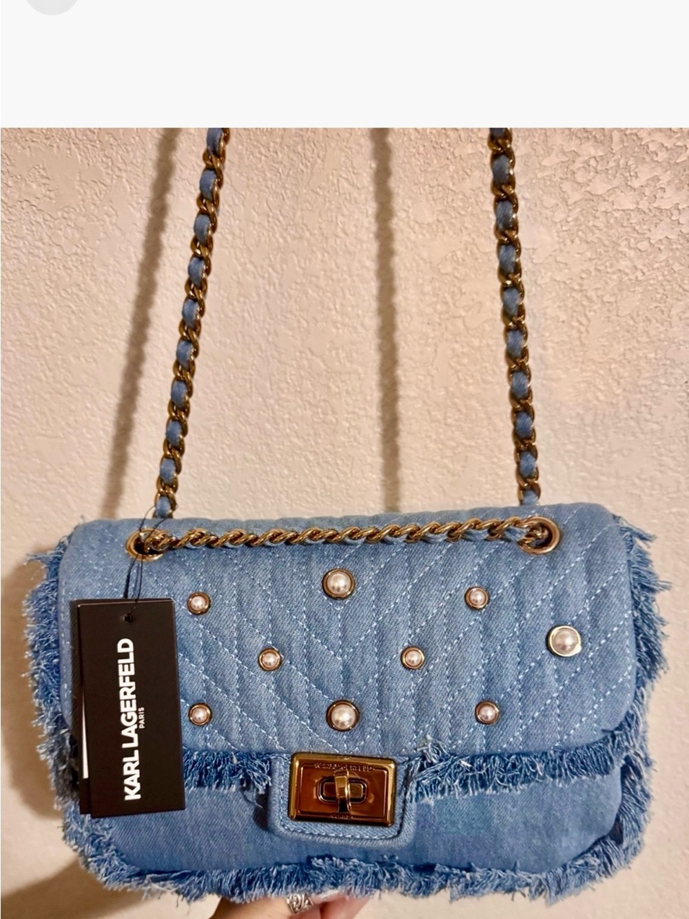 Karl Lager-field Light Blue Quilted Denim Shoulder Bag with Pearl Studs